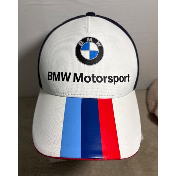 BMW Motorsport Cap Hat Snapback Adjustable Fit Stripe White Red Blue Navy - Picture 3 of 9